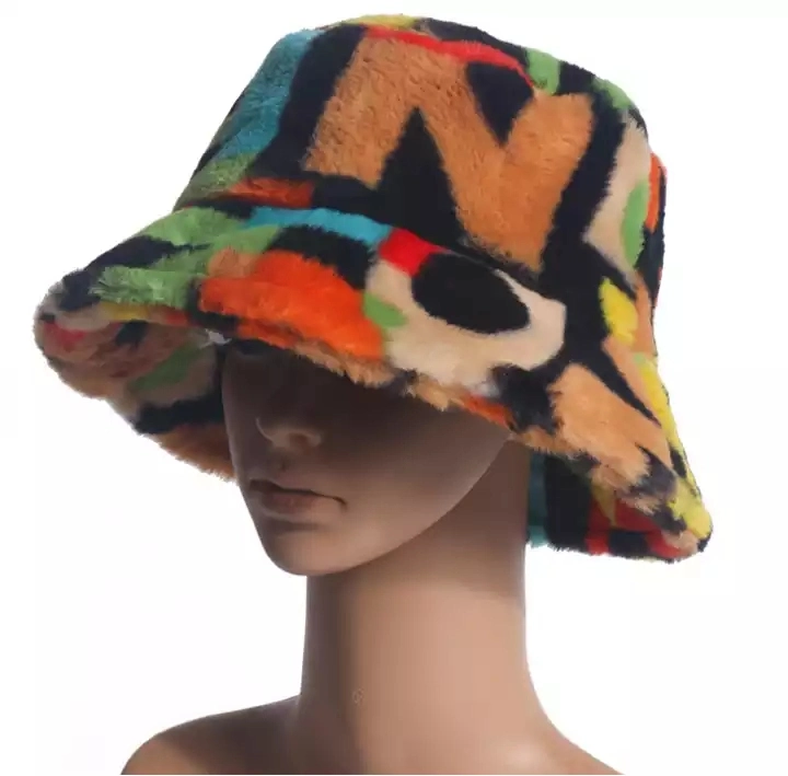 2023 Amazon Best Seller Winter Faux Rabbit Fur Furry Fluffy Fuzzy Warm Hat Plush Fisherman Cap Women&prime;s Printed Bucket Hat