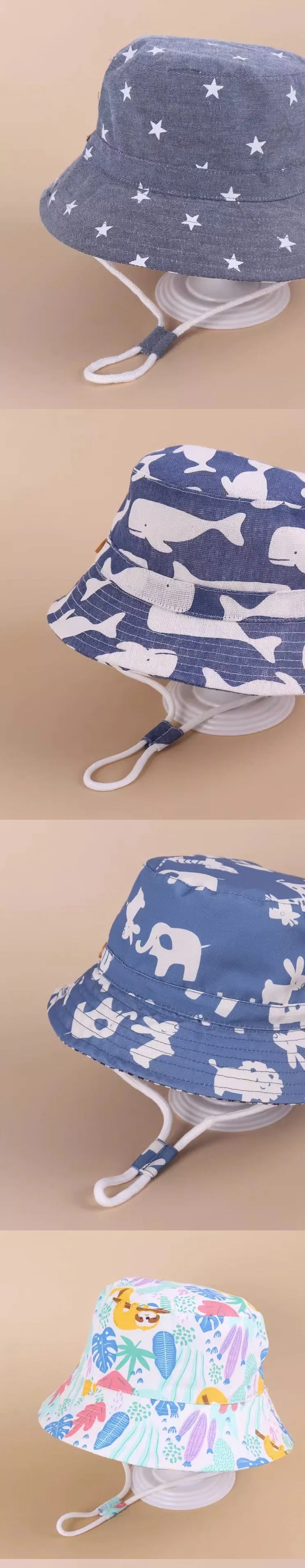 Summer Baby Cartoon Print Bucket Hat Kids Toddler Windproof Fisherman Hat with Strap