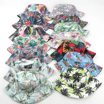 Großhandel Baumwolle Full Print Sublimation Tropischen Sommer Strand Hawaiian Eimer Hut
