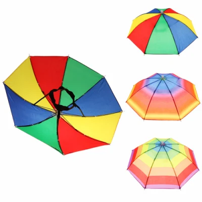 Logo Druck Werbung Radfahren Angeln Regenbogen Regenbogen Regenbogen Sonne Schützen Strand Outdoor Hand Frei Kleine Hut Kopf Form Regenschirm Kappe