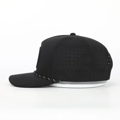 OEM Custom PVC Patch Logo 5 Panel Seil Golf Baseball Kappe Laser Cut Hole Perforiert Gorras Schwarz Polyester Spandex Dad Hut