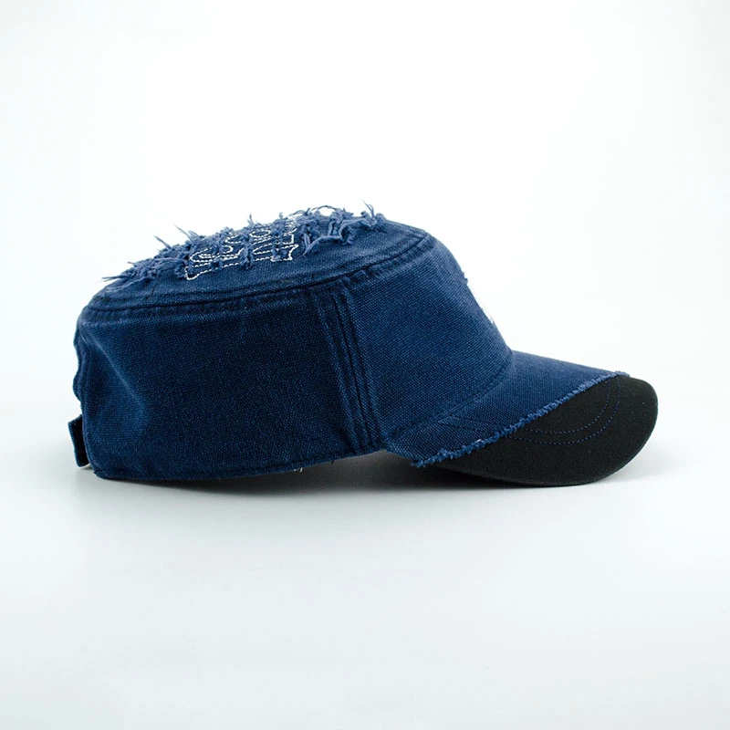 Vintage Denim Military Cap with Embroidery Flat Top Army Style Multi-Panels Fashion Sports Hat