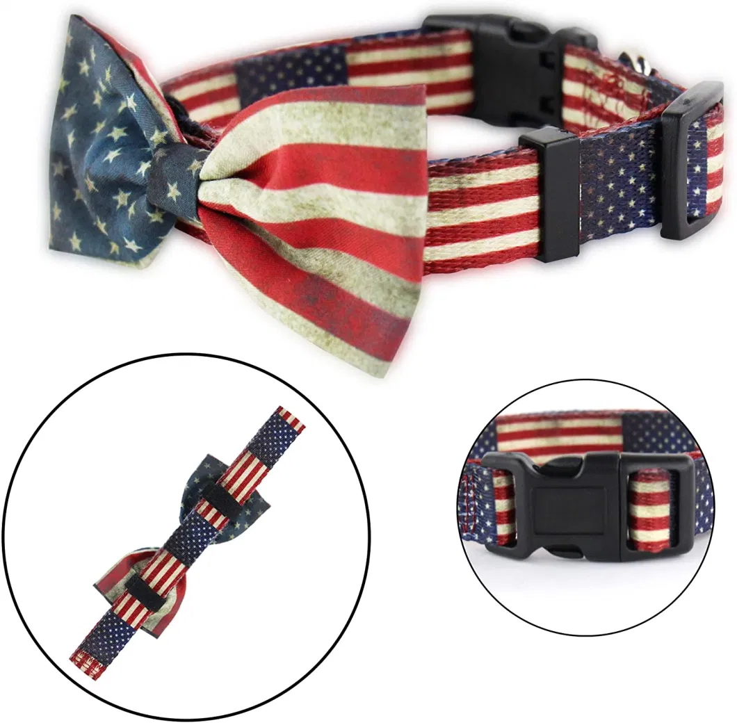 1-American Flag Bow Tie Dog Collar and Leash Set,Adjustable Cute Plaid Soft Dog Bowtie Collar Bandana and Leash, Dog Accessories for Small Medium Dogs Cats Pets