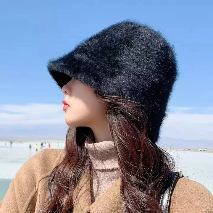 New Designer Fashion Rabbit Plush Furry Bucket Hat Women Winter Bucket Hat