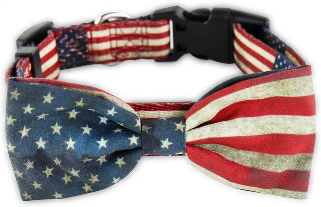 1-American Flag Bow Tie Dog Collar and Leash Set,Adjustable Cute Plaid Soft Dog Bowtie Collar Bandana and Leash, Dog Accessories for Small Medium Dogs Cats Pets