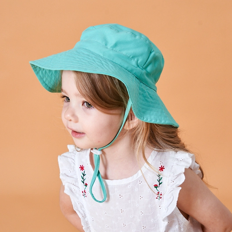 Wholesale Bulk New Design Adjustable Size Colorful Baby Toddler Sun Hat Plain Polyester Cotton Children Kids Bucket Hat with String