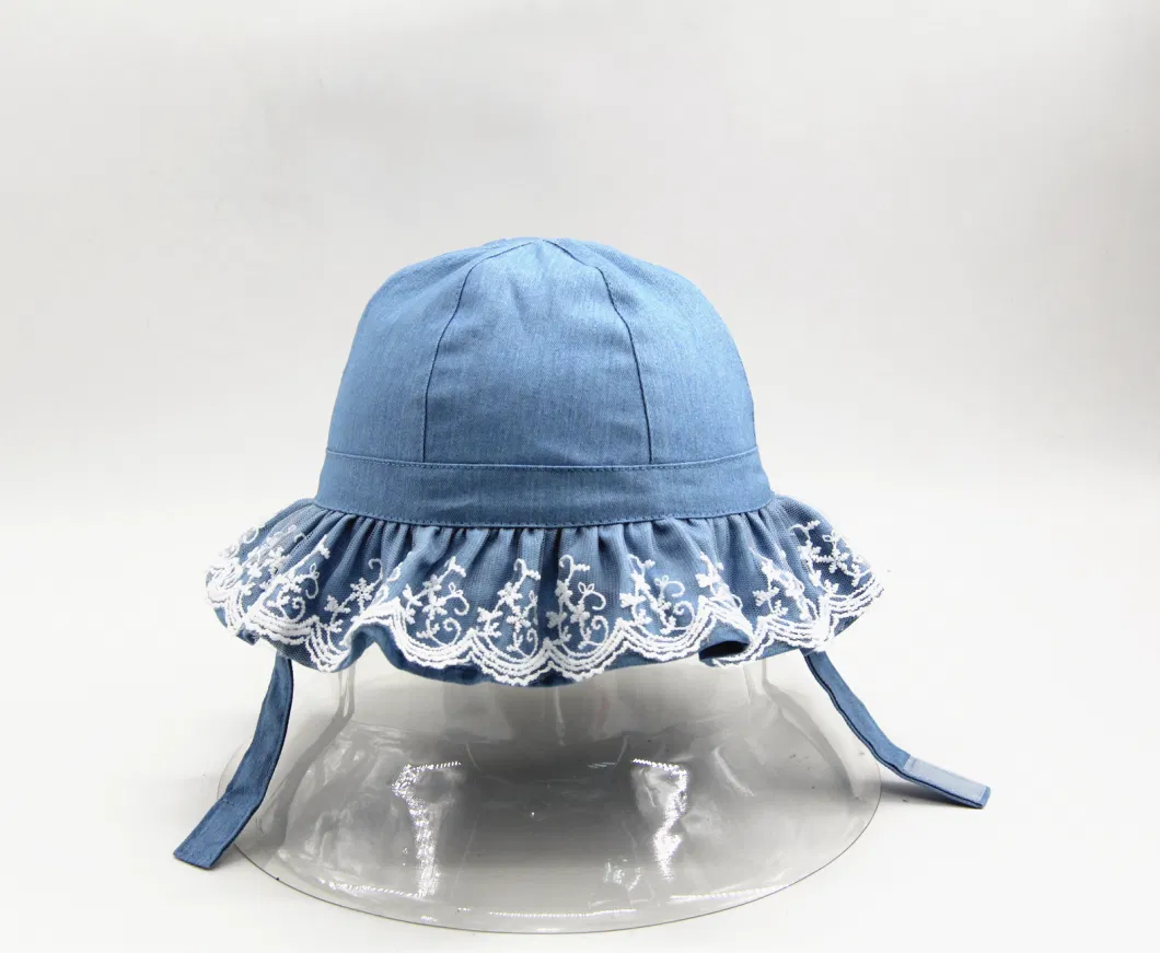 Jeans/Denim Fabric Girls Bucket Hat, with Lace Brim, 6 Panels Crown