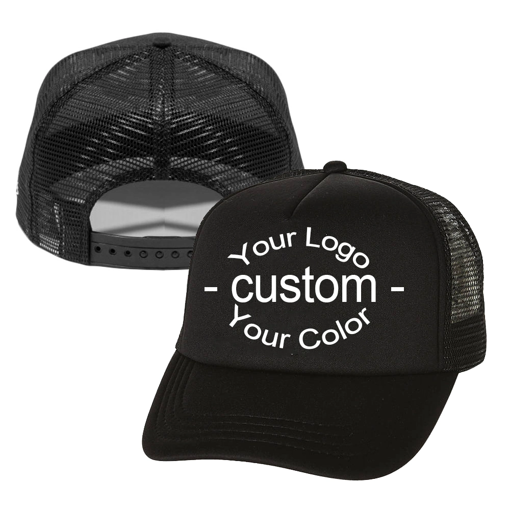 Wholesale Plain High Quality Black Blank Cotton and 5 Panel Mesh Foam Stock Custom Logo Trucker Cap Hat