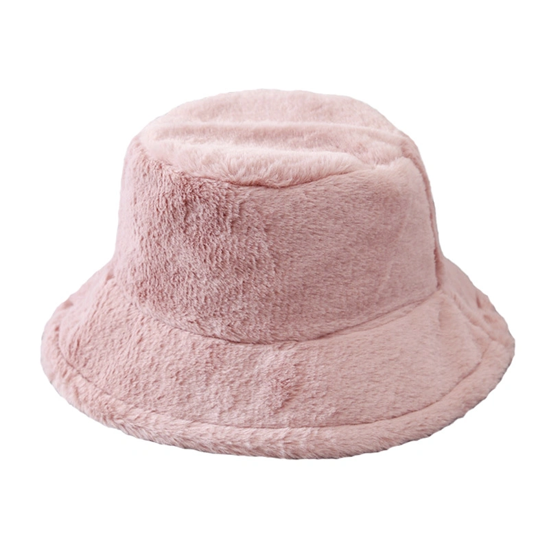 Ladies Gorras Unicolor Logo Branded White Cap Femme Western Winter Warm Fluffy Faux Rabbit Fur Bucket Hats