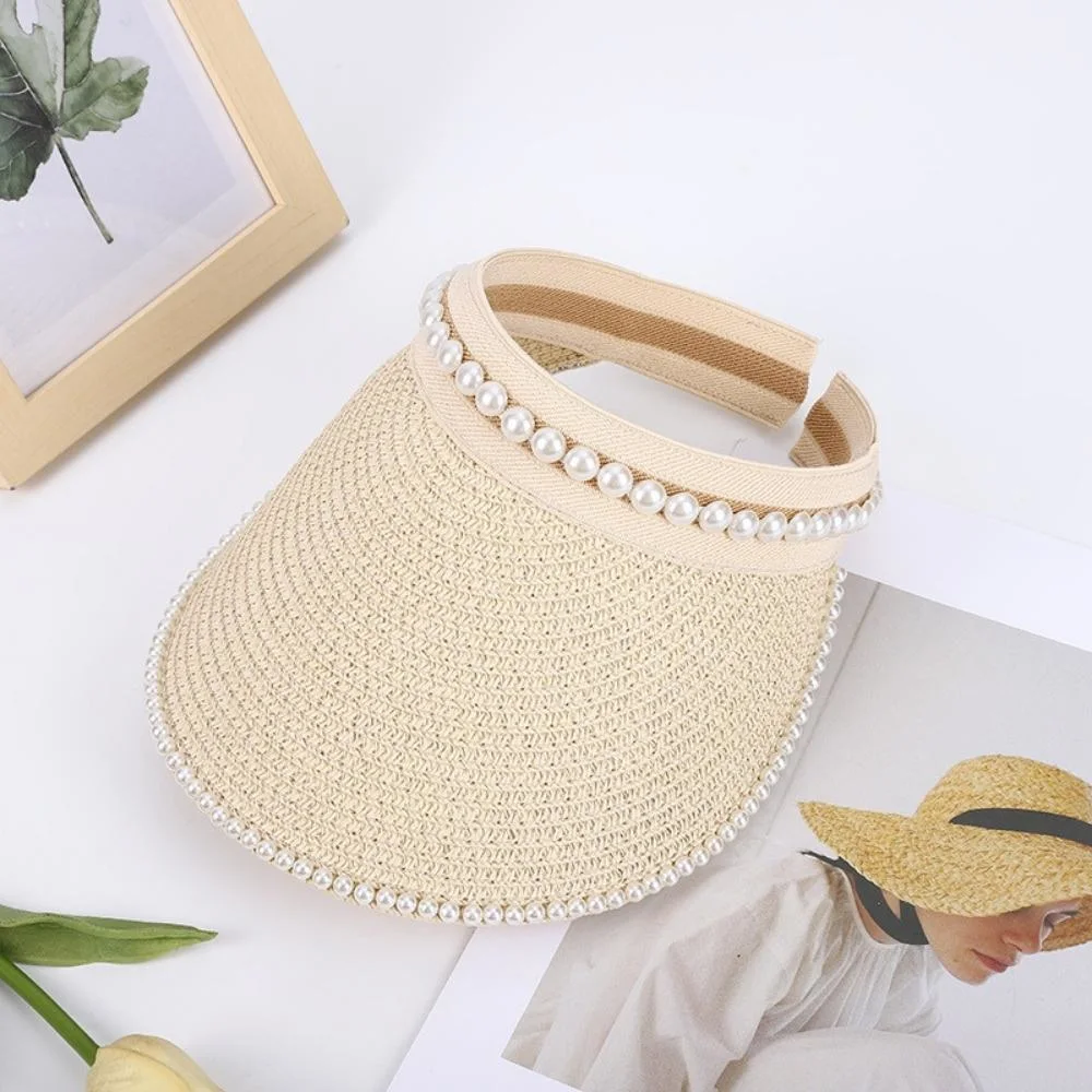 Straw Hat Pearl Empty Top Straw Hats for Women Casual Summer Beach Visor Caps Wide Large Brim Sun Protection Outdoor Wbb20565