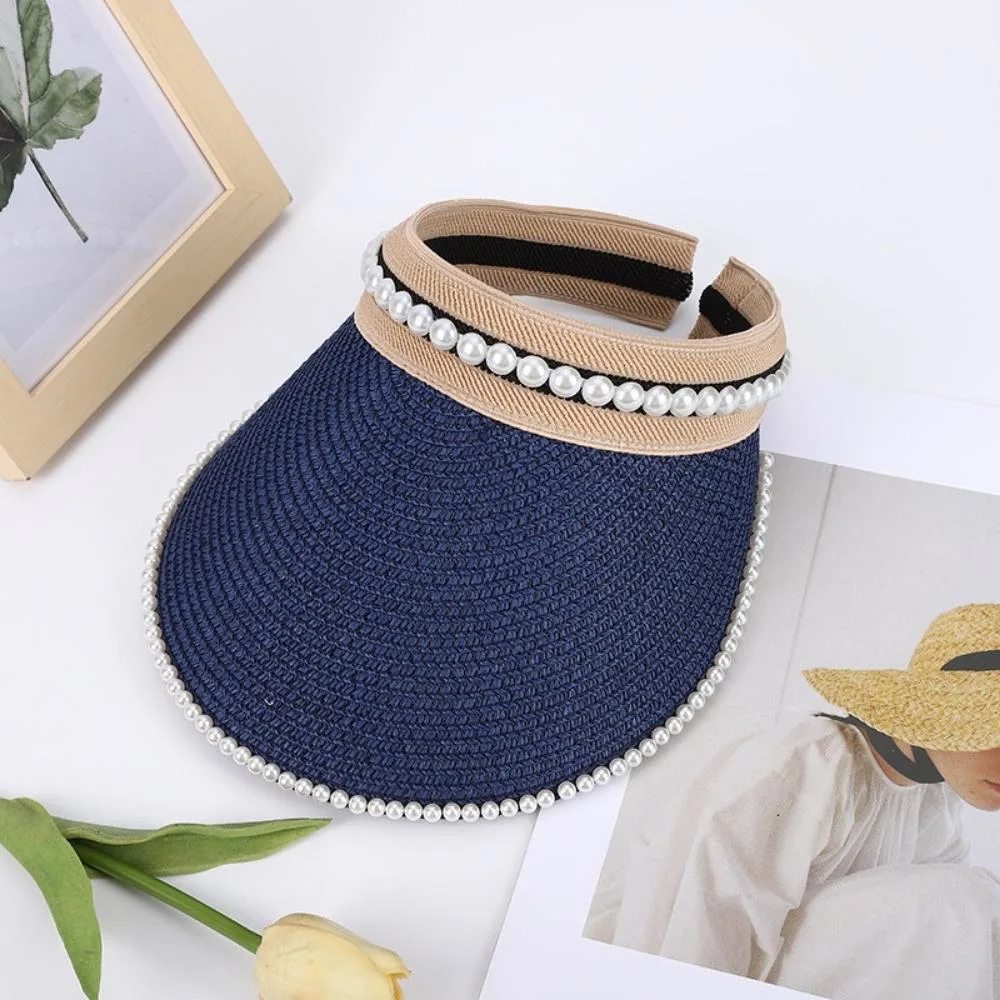 Straw Hat Pearl Empty Top Straw Hats for Women Casual Summer Beach Visor Caps Wide Large Brim Sun Protection Outdoor Wbb20565