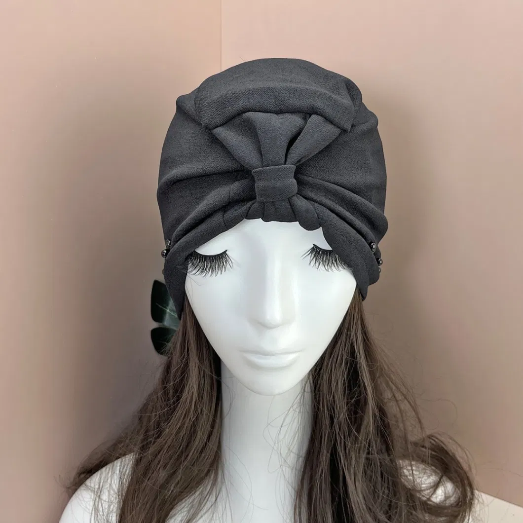 Muslim Pleated Beanie Cap Hijab Beads Turban Hat for Women