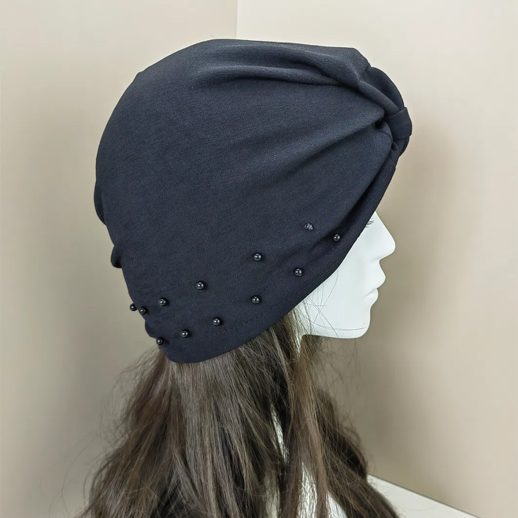 Muslim Pleated Beanie Cap Hijab Beads Turban Hat for Women