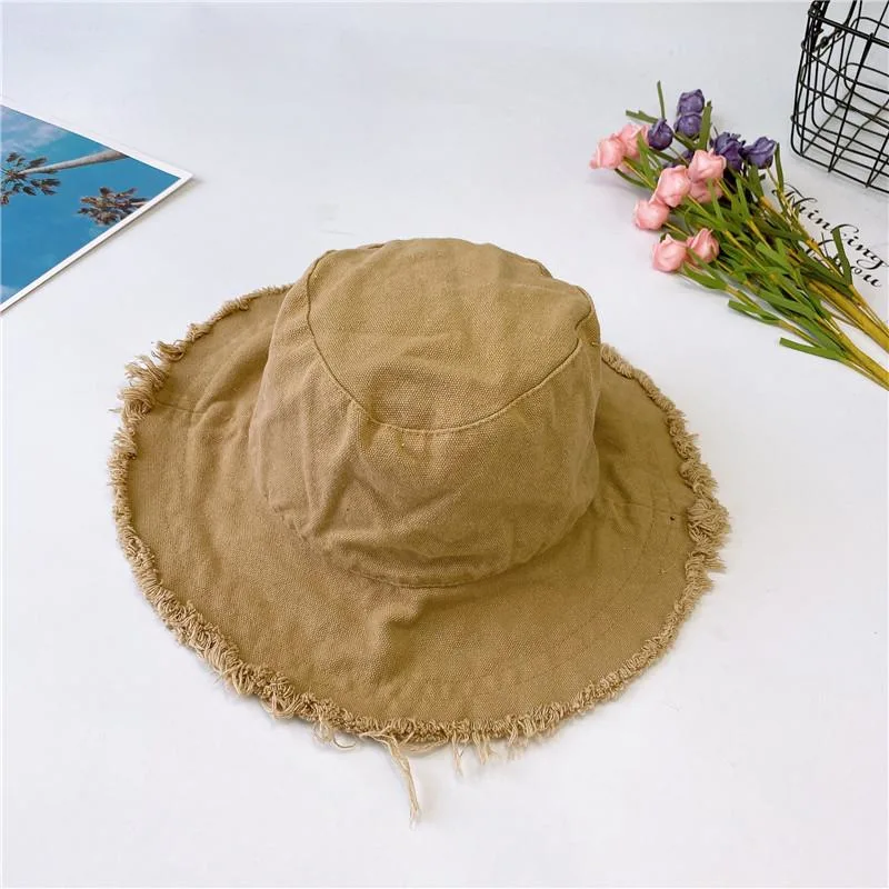 Wholesale Summer Washed 100% Cotton Hats Solid Color Blank Frayed Wide Brim Fringed Floppy Fisherman Bucket Hat