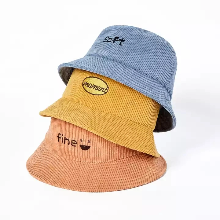 Custom Unisex Summer Bucket Hats Embroidery Logo Corduroy Bucket Hats with Customize Label Tag