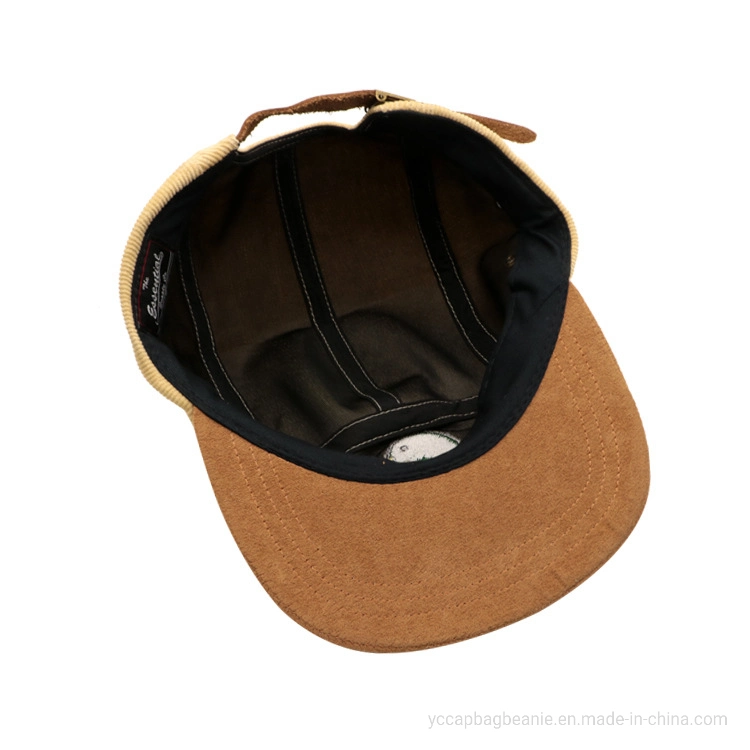 Custom 5 Panelflat Brim Corduroy Leather Strap Baseball Snpback Cap
