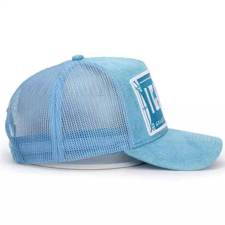 OEM Custom Fashion 5 Panel High Quality Plain Blue Curved Brim 3D Embroidery Logo Mesh Snap Back Suede Gorras Trucker Cap