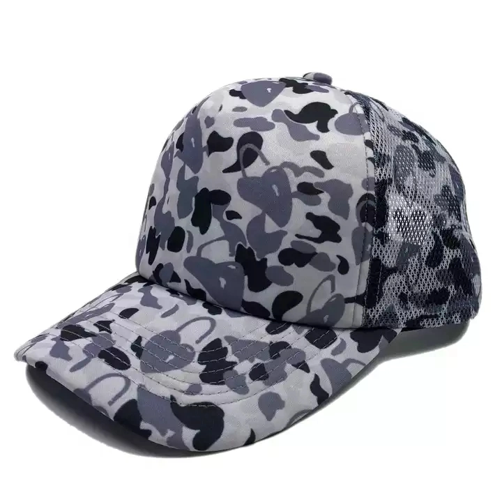 OEM High Quality Unisex Polyester 5 Panel Mesh Gorras Sports Caps Custom Sublimation Full Printing Design Camo Foam Trucker Hat