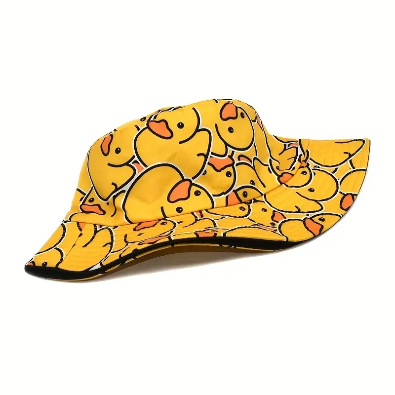 Reversible Cute Cartoon Bucket Hat Yellow Duck Full Print Travel Beach Hats Unisex Lightweight Fisherman Cap for Outdoor