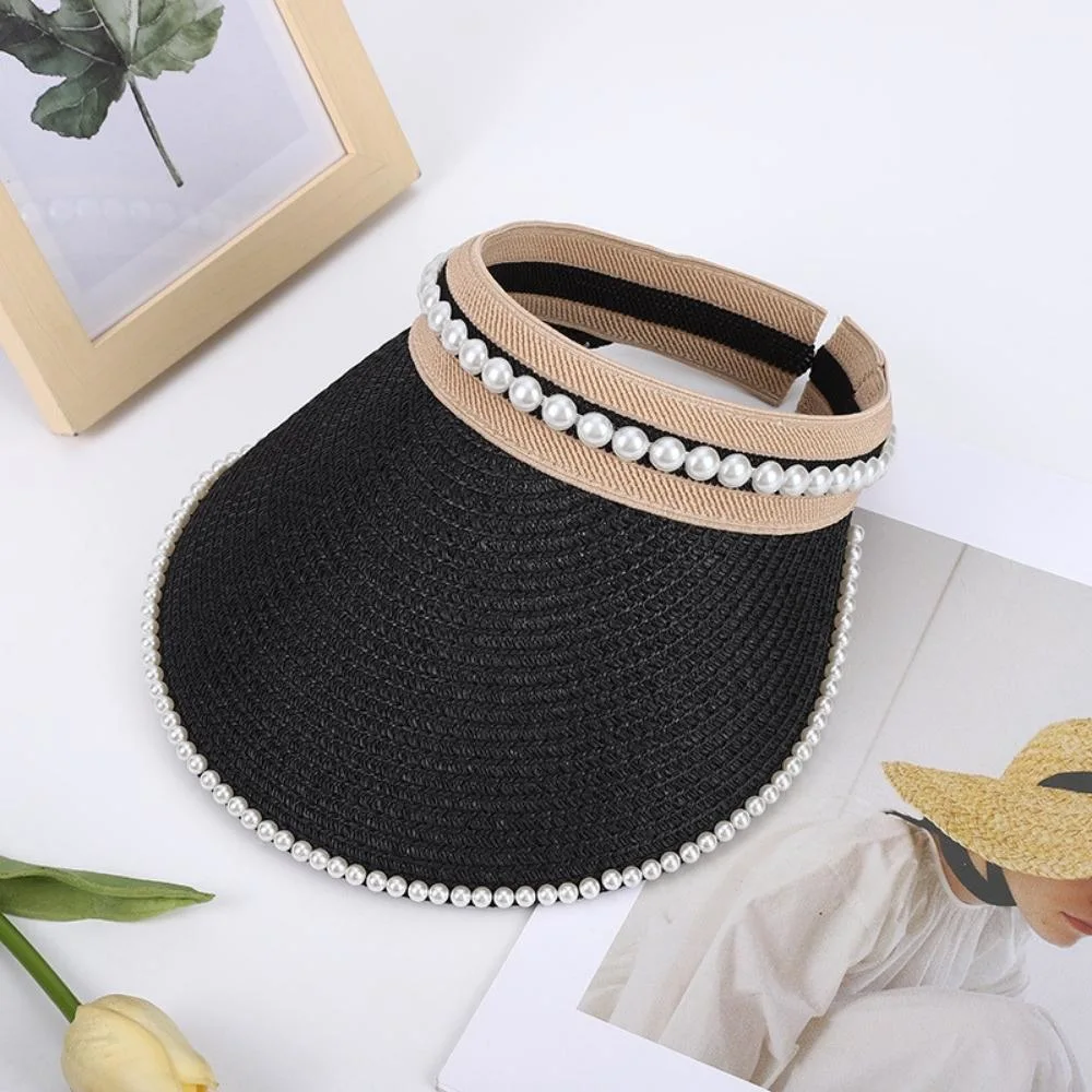 Straw Hat Pearl Empty Top Straw Hats for Women Casual Summer Beach Visor Caps Wide Large Brim Sun Protection Outdoor Wbb20565