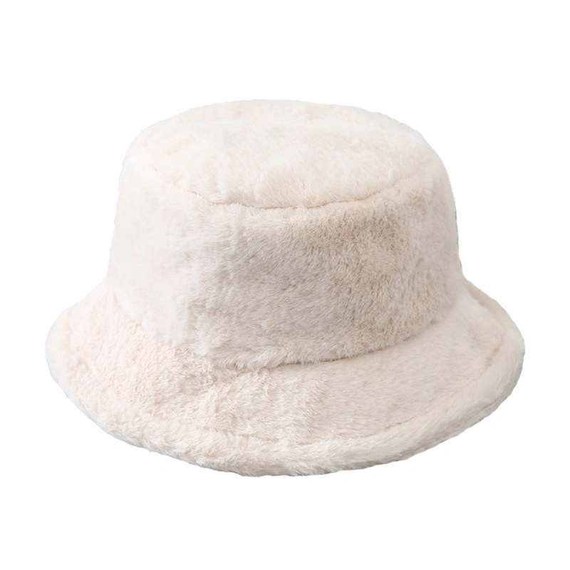 Ladies Gorras Unicolor Logo Branded White Cap Femme Western Winter Warm Fluffy Faux Rabbit Fur Bucket Hats