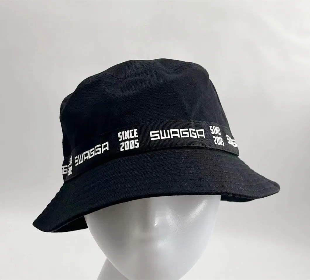 Simple Black Child Bucket Hat with Print Ribbon and Decoration Button