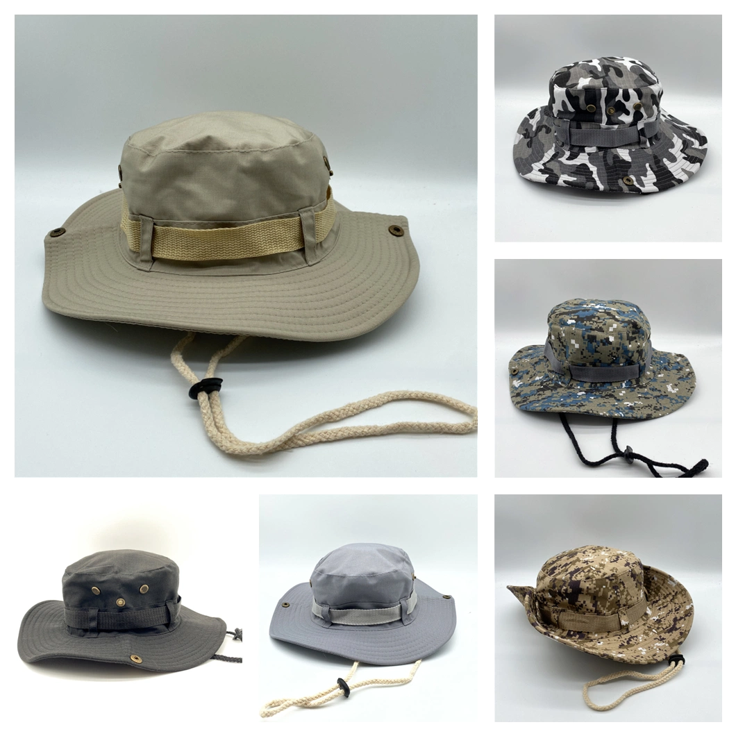 Cheap Cotton Custom Wide Brim Outdoor Camouflage Bucket Hat Men and Women Cap Military Style Fisherman Hiking Bucket Caps with String