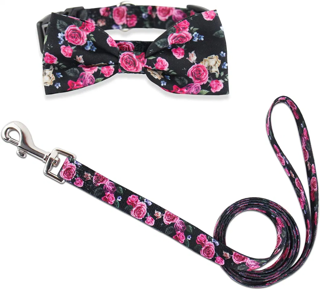 2-Black Rose Bow Tie Dog Collar and Leash Set, Adjustable Cute Plaid Soft Dog Bowtie Collar Bandana and Leash, Dog Accessories for Small Medium Dogs Cats Pets