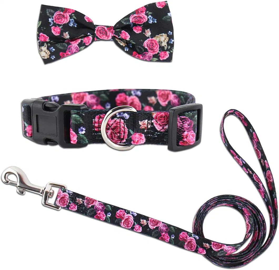 2-Black Rose Bow Tie Dog Collar and Leash Set, Adjustable Cute Plaid Soft Dog Bowtie Collar Bandana and Leash, Dog Accessories for Small Medium Dogs Cats Pets