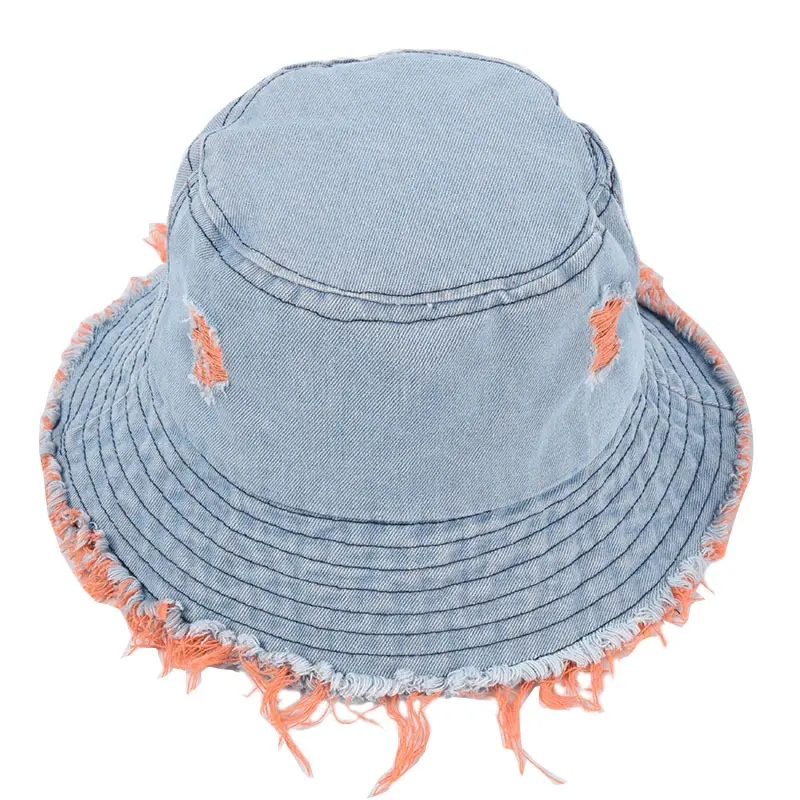 Top Quality Sun Summer Custom Logo Wide Brim Embroidery Jean Fisherman Hats Washed Denim Bucket Hat