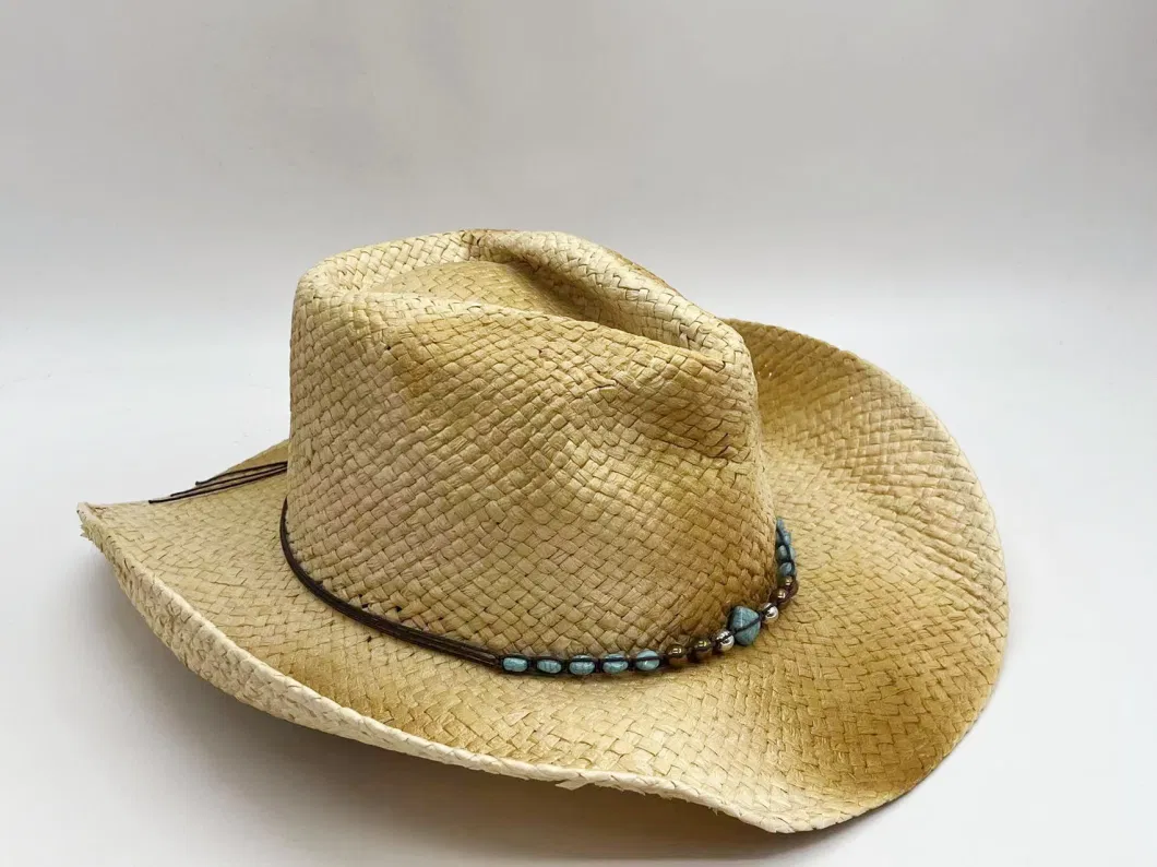 Paper Straw Hat Cowboy Adult Man Summer Sunshade Hat Paint Color with Decoration Strings