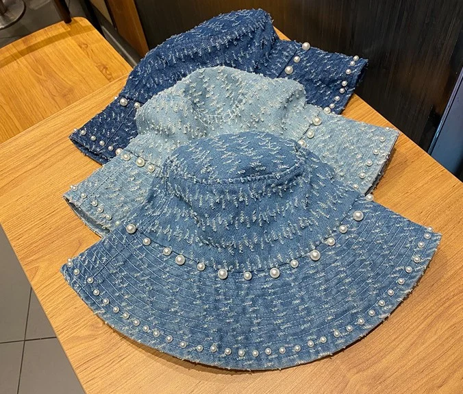 Denim Pearl Crochet Bucket Hat with Unique Design