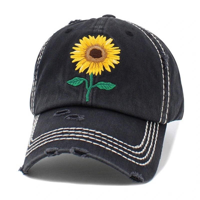 Sunflower Embroidery Customized Sports Caps Men Women Cotton Washed Vintage Dad Hat