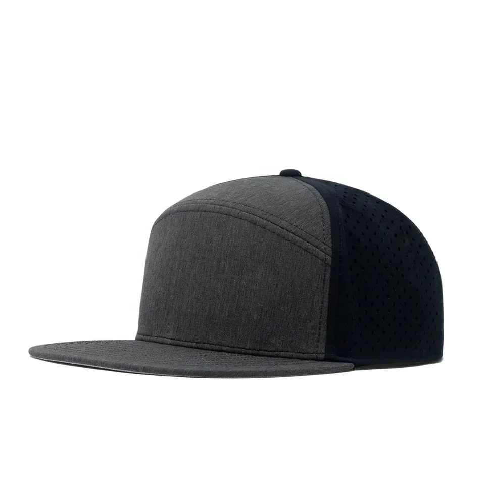 Wholesale Low MOQ Flat Bill Fitted Custom Snapback Sports Waterproof Laser Cut 7 Panel Baseball Cap Hat