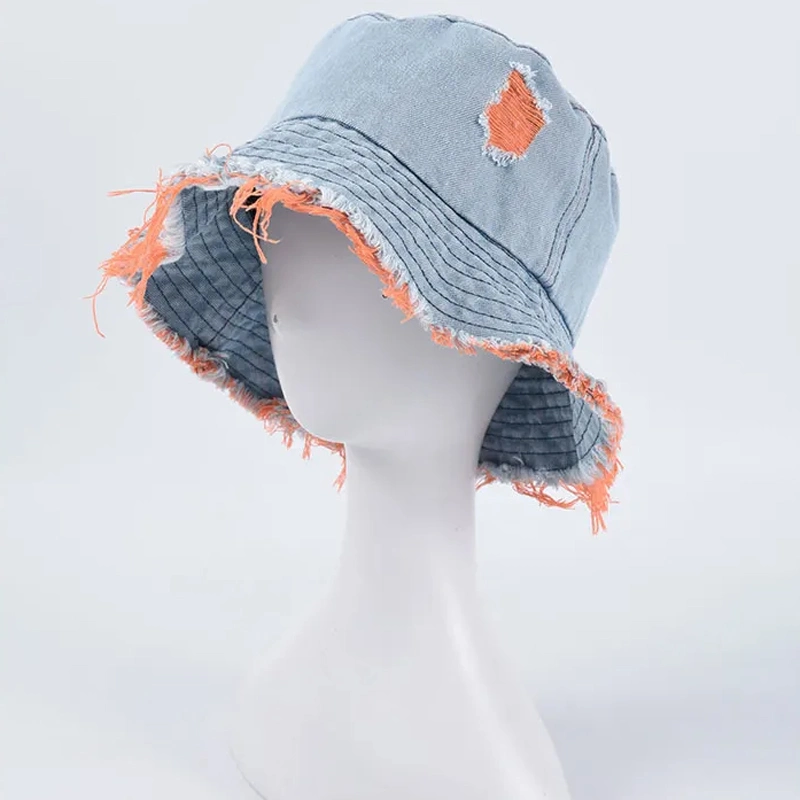 Top Quality Sun Summer Custom Logo Wide Brim Embroidery Jean Fisherman Hats Washed Denim Bucket Hat