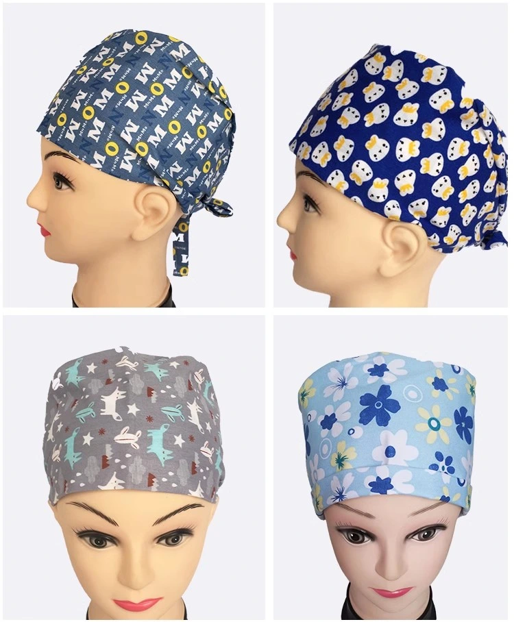 Turban Printed Adjustable Hair Cover Unisex Doctor Scrub Hat Lined Hat with Button for Beauty Worker Personal