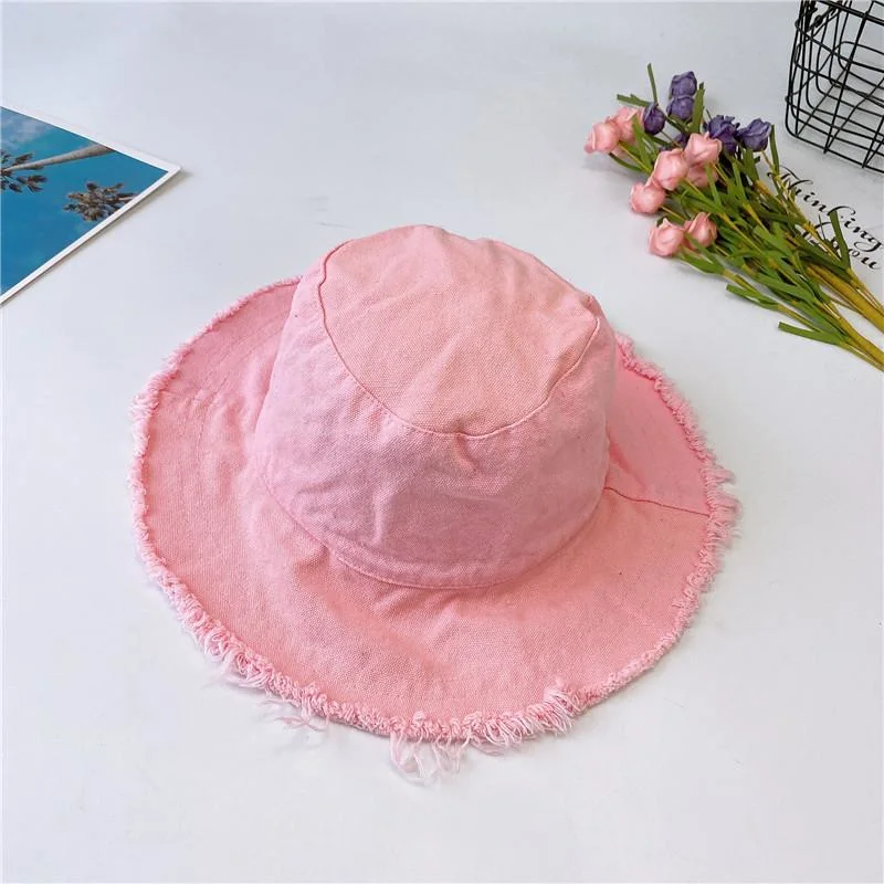 Wholesale Summer Washed 100% Cotton Hats Solid Color Blank Frayed Wide Brim Fringed Floppy Fisherman Bucket Hat