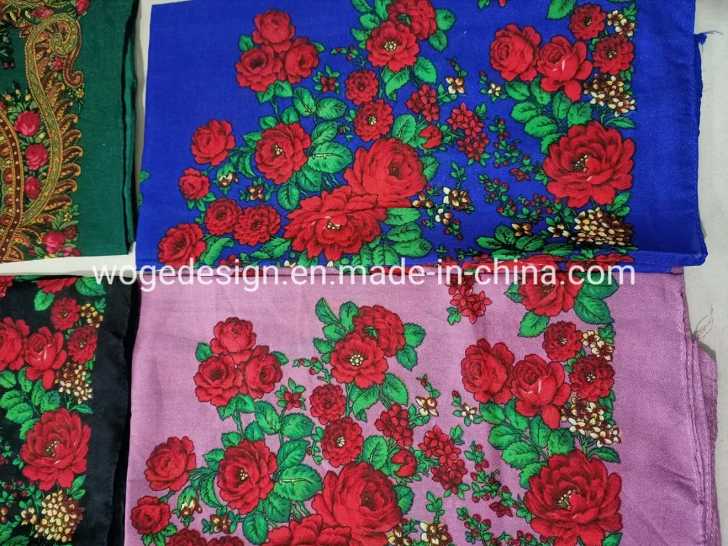 Primum Verified Supplier 75*75cm Russian Headscarf Scarf Woman Print Floral Large Square Cotton Feeling Polyester Bandana