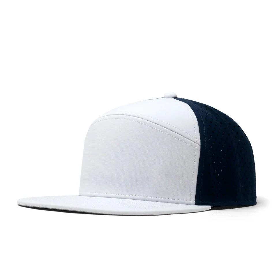 Wholesale Low MOQ Flat Bill Fitted Custom Snapback Sports Waterproof Laser Cut 7 Panel Baseball Cap Hat
