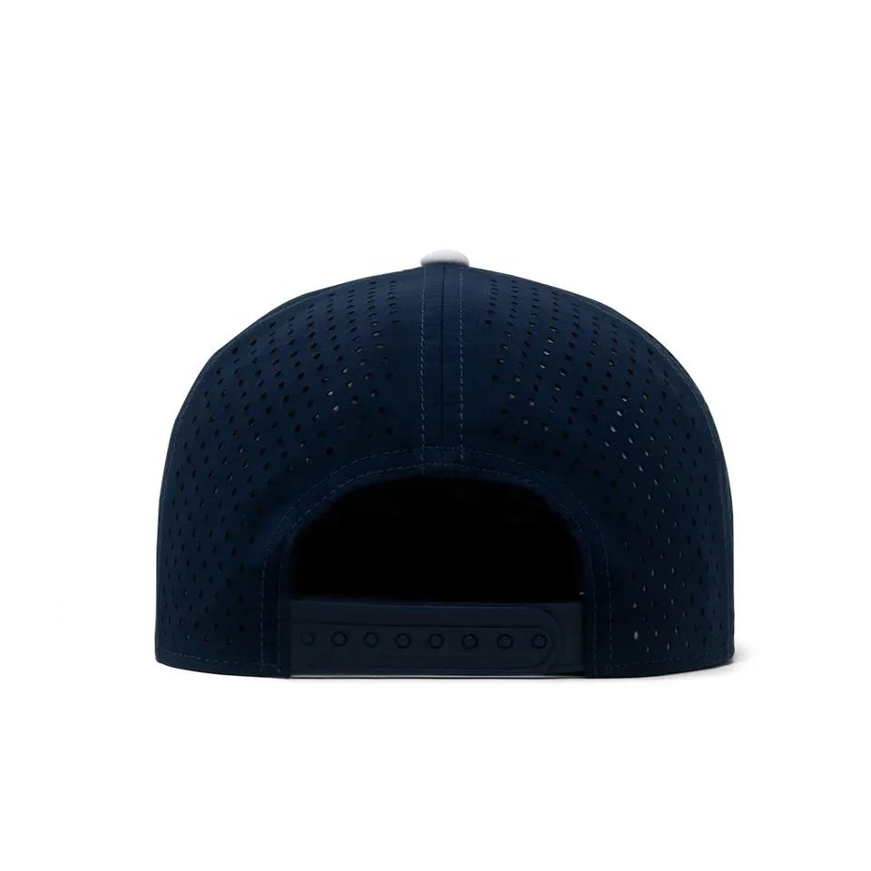 Wholesale Low MOQ Flat Bill Fitted Custom Snapback Sports Waterproof Laser Cut 7 Panel Baseball Cap Hat