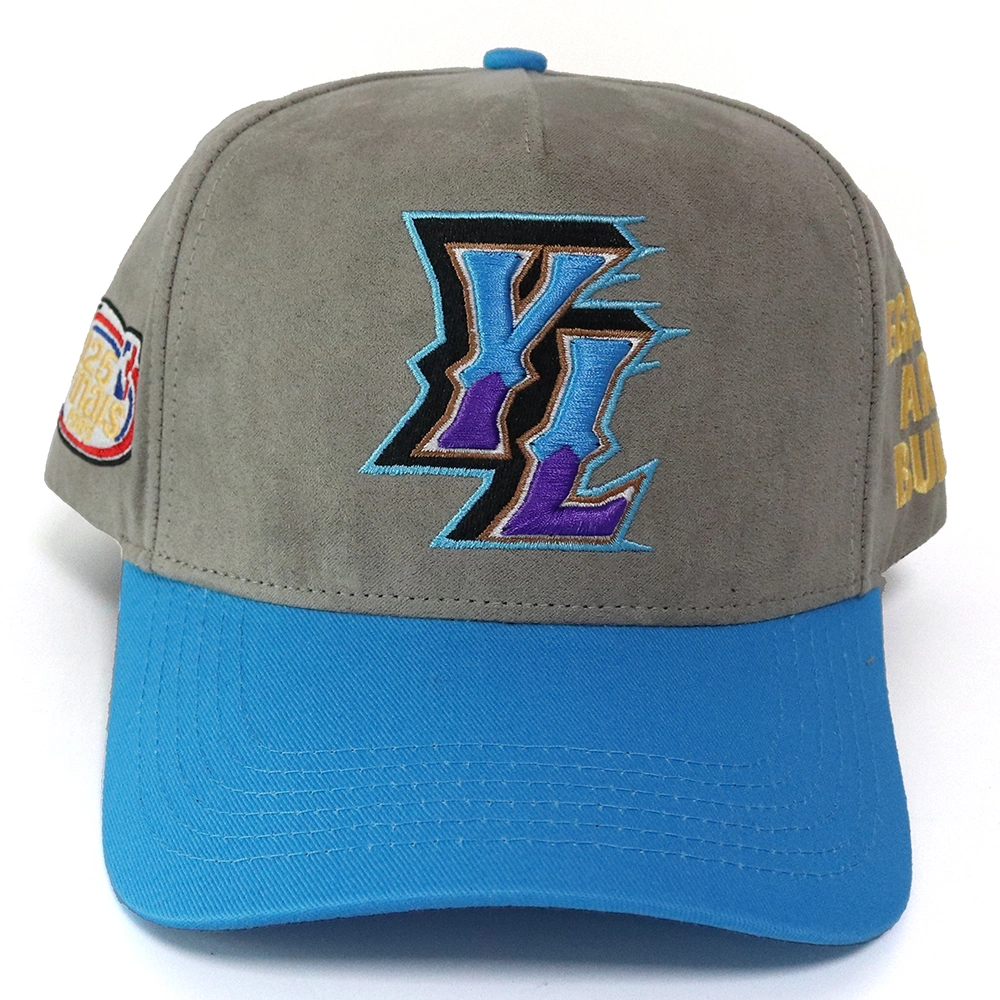 High Quality Custom Embroidery Logo 5 Panel Suede Baseball Cap Cotton Brim Snapback Hats Cap 3D Embroidery Custom