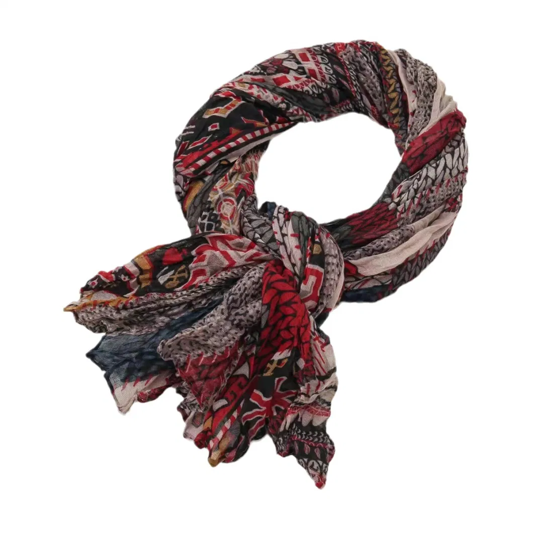 Ladies Crinkle Patchwork Color Floral Cotton Voile Headscarf