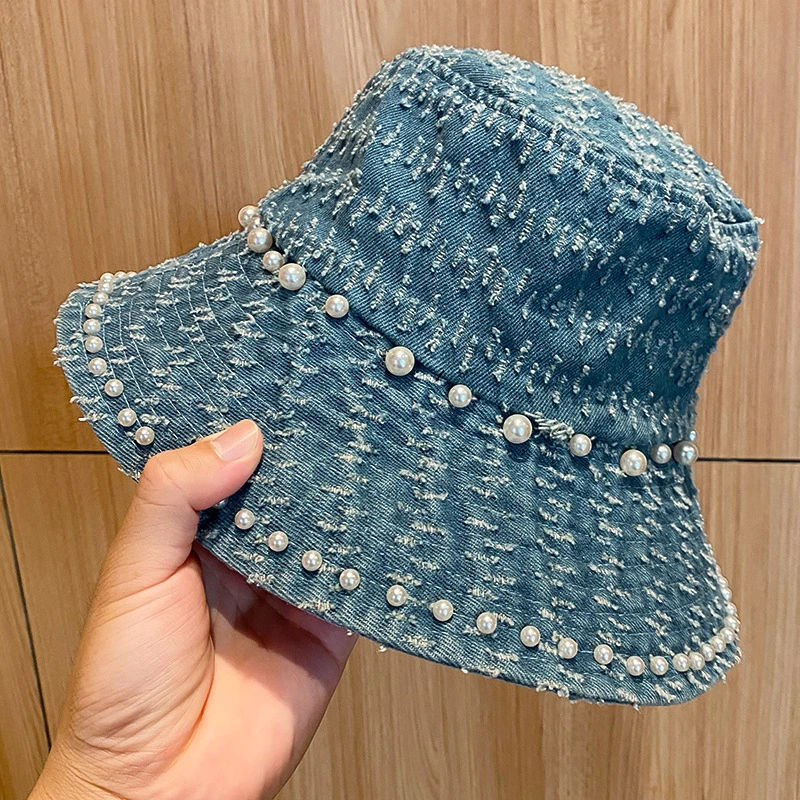Denim Pearl Crochet Bucket Hat with Unique Design