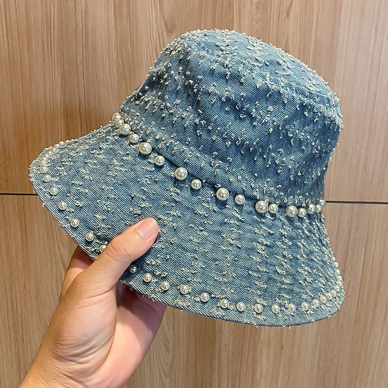 Denim Pearl Crochet Bucket Hat with Unique Design