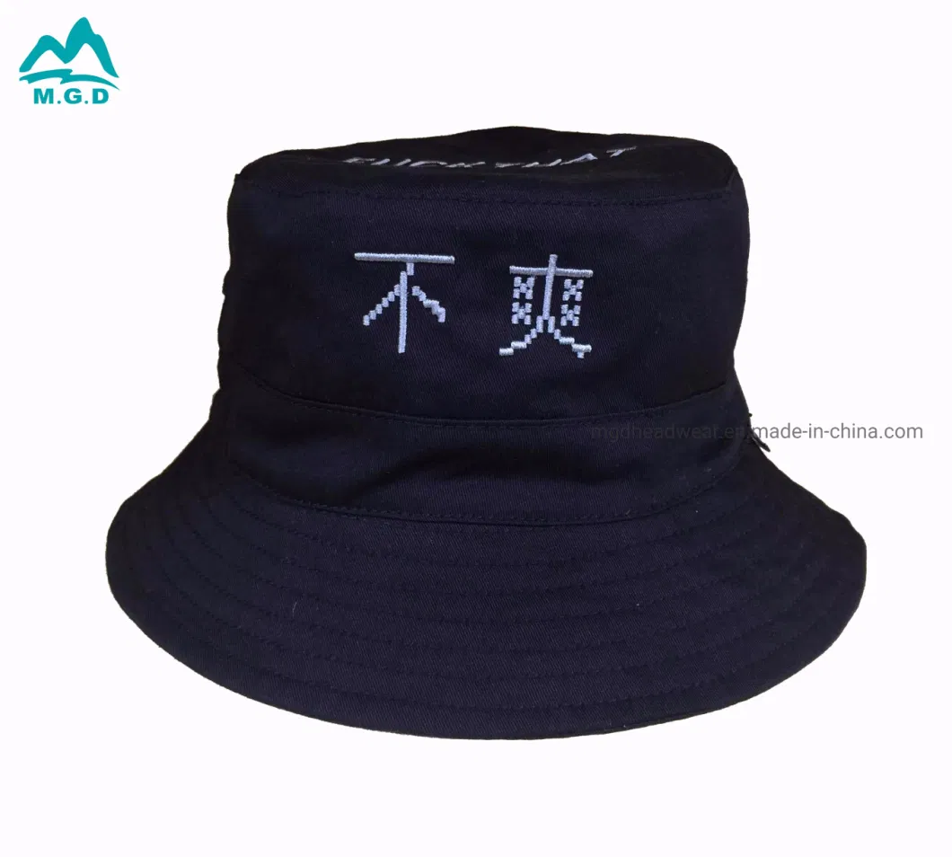 Wholesale Custom Made Cheap Cotton Black Bucket Hat with Embroidered Character Logo