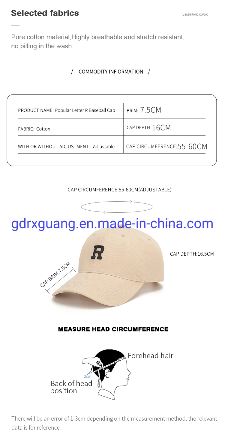 Fashionable Embroidery Letter Logo 6 Panel Sports Baseball Caps for Men and Women