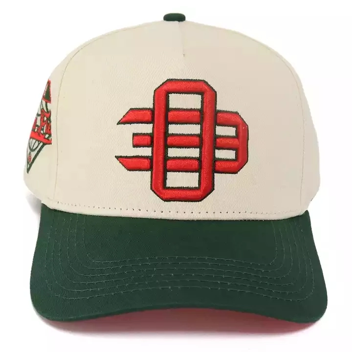 Custom Logo High Quality 5 Panel 3D Embroidery Patch Baseball Hat Sports Caps Two Tone Cream and Forest Green Hats