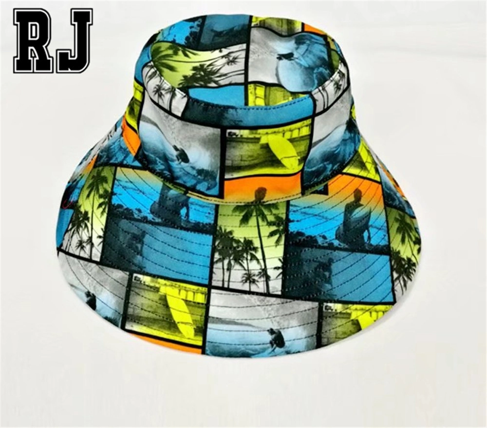 100% Cotton Promotional Flat Crown Sublimation Print Pattern Fashion Bucket Hat