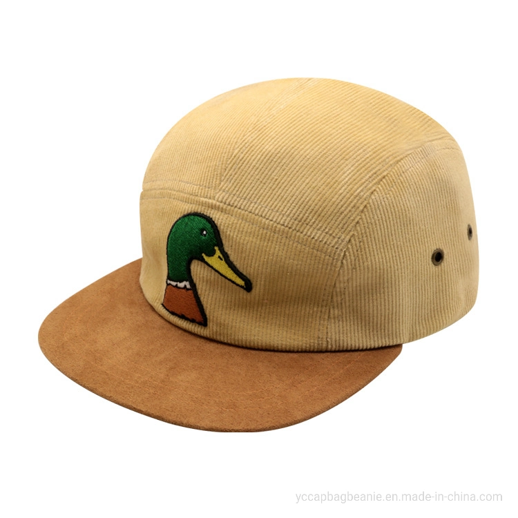 Custom 5 Panelflat Brim Corduroy Leather Strap Baseball Snpback Cap