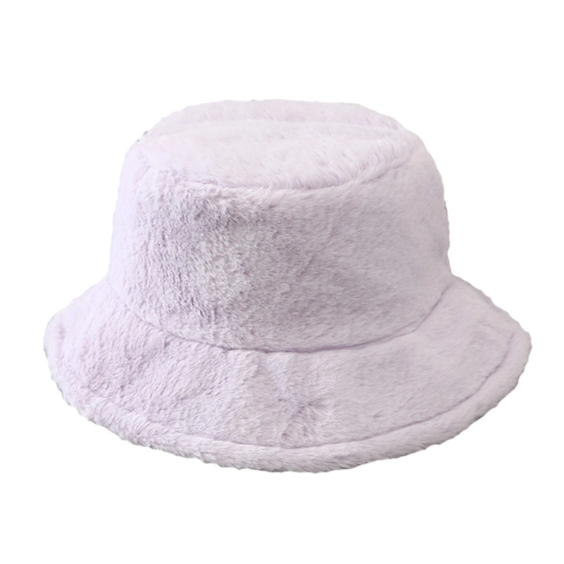 Ladies Gorras Unicolor Logo Branded White Cap Femme Western Winter Warm Fluffy Faux Rabbit Fur Bucket Hats